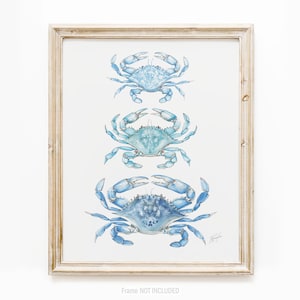 May include: A framed print featuring three blue crab illustrations arranged vertically on a white background. The crabs have detailed watercolor textures and are in varying shades of blue. The frame is a light, weathered wood.