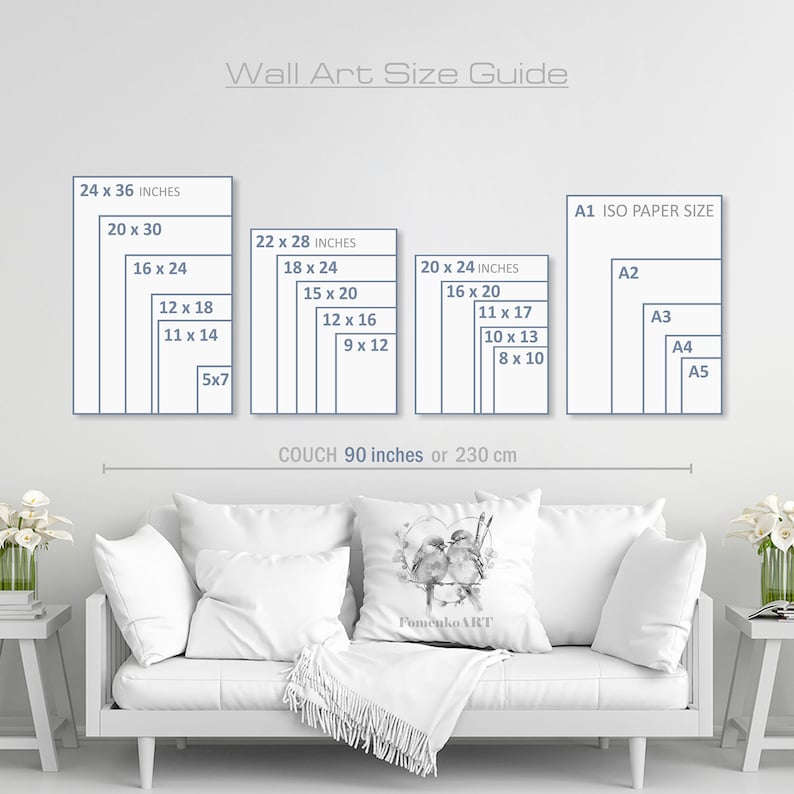 Pu&ograve; includere: Una guida alle dimensioni dell'arte da parete con diverse dimensioni in pollici, tra cui 24x36, 20x30, 16x24, 12x18, 11x14, 5x7, 22x28, 18x24, 15x20, 12x16, 9x12, 20x24, 16x20, 11x17, 10x13, 8x10. La guida include anche i formati di carta ISO A1, A2, A3, A4 e A5. La guida &egrave; visualizzata su una parete bianca sopra un divano bianco con una coperta e cuscini.