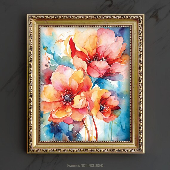 Sky　アメリ　WATERCOLOR PAINT FLORAL Bright Floral Wall Art Print Abstract Painting Watercolor