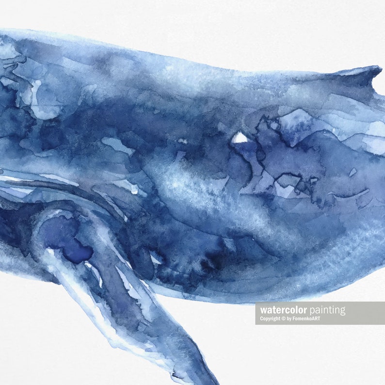 May include: A watercolor painting of a blue whale tail. The painting is done in shades of blue and white, with a textured effect. The whale tail is curved and flowing, creating a sense of movement. The painting is signed "watercolor painting" and "Copyright &copy; by FomenkoART".