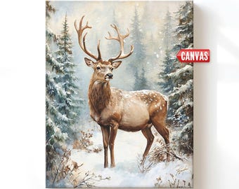 Cuadro decorativo de ciervos - Impresión de mi pintura al óleo, decoración navideña de pared grande de estilo vintage, reno con astas, regalo de animales del bosque invernal en lienzo.