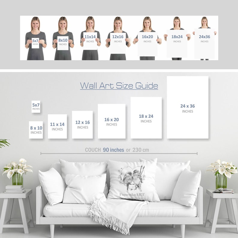 May include: A guide to wall art sizes, showing different sizes of prints displayed on a white couch with a throw blanket. The sizes are shown in inches and the couch is 90 inches wide.