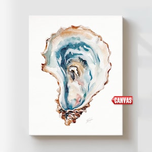 May include: Watercolor painting of an oyster shell on canvas. The artwork features shades of blue, brown, and beige, with a detailed depiction of the shell's interior. The word "CANVAS" is printed on a red tag.