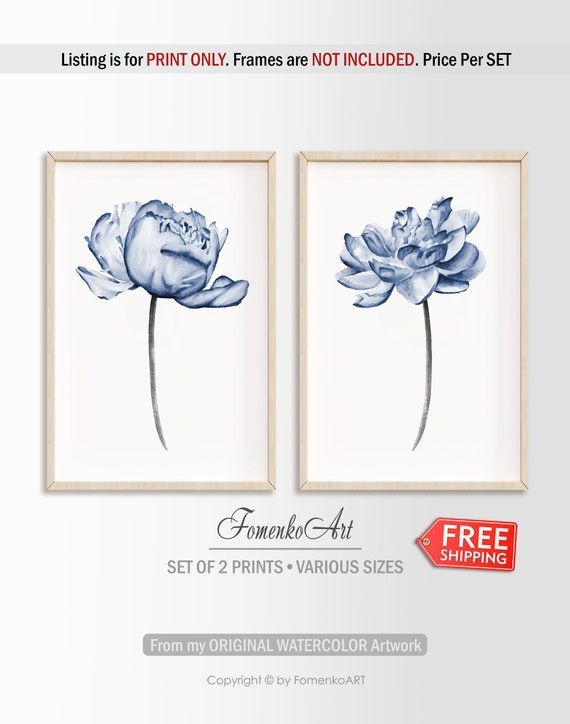 Botanical Wall Art Master Bedroom Wall Decor Over The Bed Above Bed Decor Botanical Poster Rustic Navy Blue Wall Art Set Of 2 Peony Flower