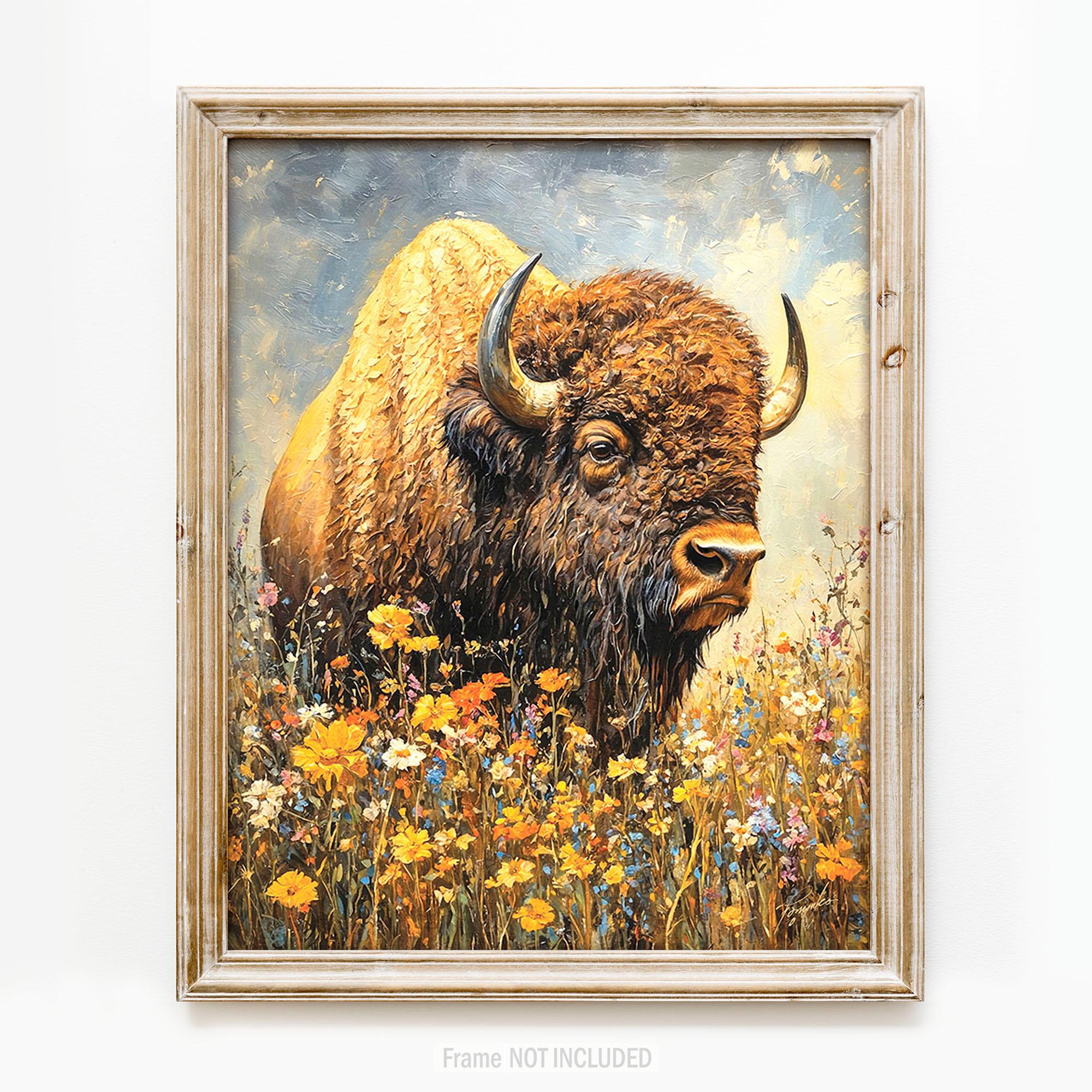 Western Buffalo Oil Painting – HD Giclee Print On Canvas, Realism Art, Multi-Color, L1677