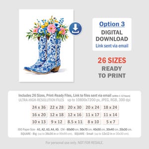 May include: Watercolor painting of blue cowboy boots with a floral arrangement of pink, yellow, and blue flowers. The boots have a blue and white floral pattern. Text on the image reads "Option 3 DIGITAL DOWNLOAD" and "26 SIZES READY TO PRINT".