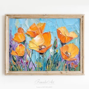 California Poppy Flowers Wall Art PRINT - Oil Painting, Large Canvas Artwork Orange Poppies Plant Floral Wall Decor Botanical Poster Gift