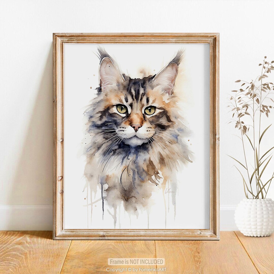 Maine Coon Cat Print Wall Art Watercolor Painting Canvas Poster Cat ...