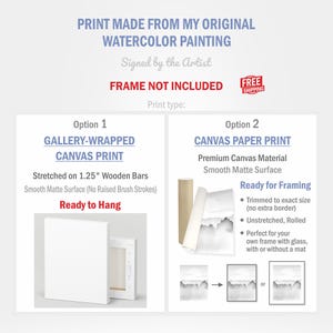 May include: An informational graphic displays two canvas print options. Option 1 is a gallery-wrapped canvas print stretched on 1.25" wooden bars. Option 2 is a canvas paper print, ready for framing. Text includes "Print made from my original watercolor painting."