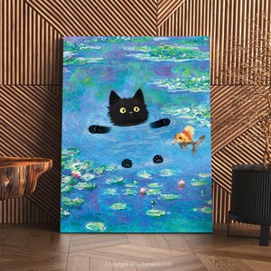 Regalos de gato negro, impresión de Claude Monet, arte de pared divertido y lindo, póster de nenúfares, gatito, pintura al óleo, lienzo, dibujo de mascota, amante, decoración de pared para dormitorio imagen 10