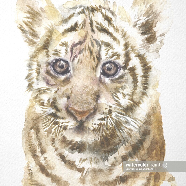 May include: A watercolor painting of a tiger cub with brown and white stripes. The cub has large, brown eyes and a soft, furry face. The painting is done in a realistic style and captures the innocence of a young tiger.
