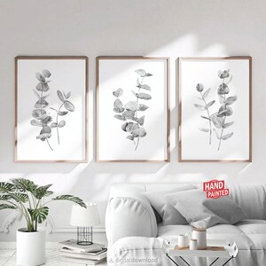 Black and white prints set of 3 Downloadable prints Bedroom wall decor Living room decor Boho Eucalyptus leaves Printable wall art Bathroom