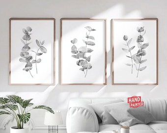 Black and white prints set of 3 Downloadable prints Bedroom wall decor Living room decor Boho Eucalyptus leaves Printable wall art Bathroom