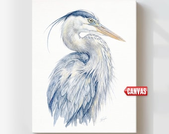Blue Heron Wall Art Print: Watercolor Painting, Large Coastal Beach Ocean Nautical Canvas Decor