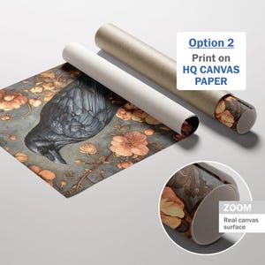 May include: A black raven perched on a branch with delicate peach-colored flowers. The background is a soft blue-grey with intricate details. The image is printed on high-quality canvas paper.
