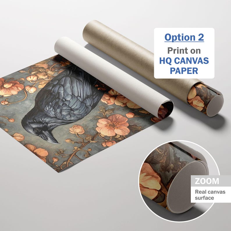 May include: A black raven perched on a branch with delicate peach-colored flowers. The background is a soft blue-grey with intricate details. The image is printed on high-quality canvas paper.