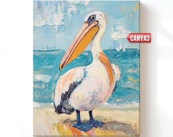Pelican Wall Art Print, Coastal Beach Bird Painting, Ocean Wildlife Canvas, Nautical Animal Decor