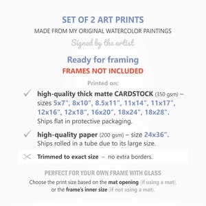 Puede incluir: Texto sobre fondo blanco que anuncia impresiones art&iacute;sticas. El texto incluye "SET OF 2 ART PRINTS", "Ready for framing" y opciones de tama&ntilde;o como 12,7x17,8cm, 20,3x25,4cm y 21,6x27,9cm. Las impresiones est&aacute;n hechas de pinturas originales de acuarela.