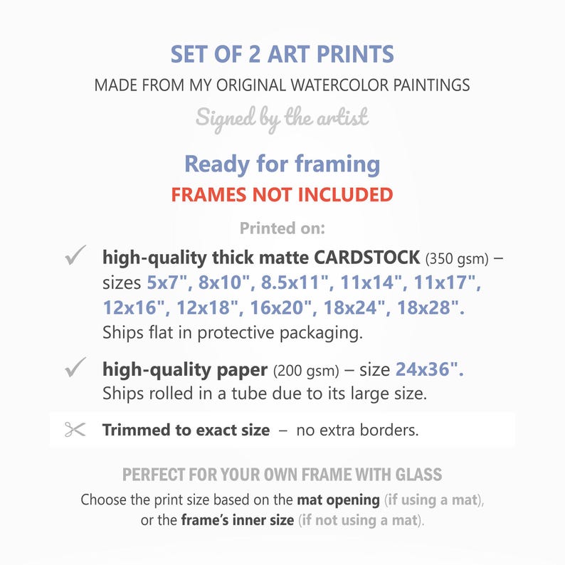 Puede incluir: Texto sobre fondo blanco que anuncia impresiones art&iacute;sticas. El texto incluye "SET OF 2 ART PRINTS", "Ready for framing" y opciones de tama&ntilde;o como 12,7x17,8cm, 20,3x25,4cm y 21,6x27,9cm. Las impresiones est&aacute;n hechas de pinturas originales de acuarela.