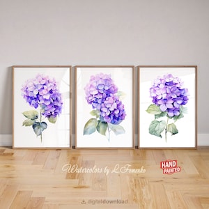 Purple Watercolor Hydrangea Prints, Botanical Wall Decor Printable Wall Art Set Of 3 Floral DIGITAL DOWNLOAD Plant Artwork Flowers Painting
