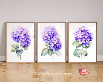 Purple Watercolor Hydrangea Prints, Botanical Wall Decor Printable Wall Art Set Of 3 Floral DIGITAL DOWNLOAD Plant Artwork Flowers Painting