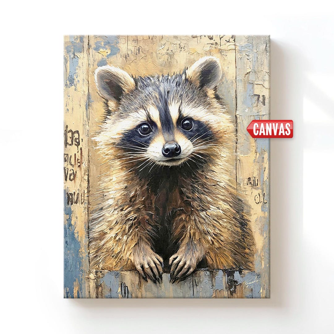 Abstract Raccoon Raccoon Wall Art Print - Oil Painting Rustic Whimsical Decor, Canvas ...