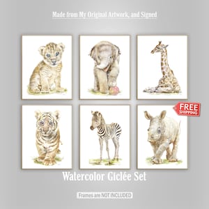 Nursery animal artwork, 6 giclee fine art prints of my original hand-drawn watercolor paintings. As safari posters, and jungle pictures for baby nursery decor. Signed by the artist on the front. Available in different sizes. Free shipping.