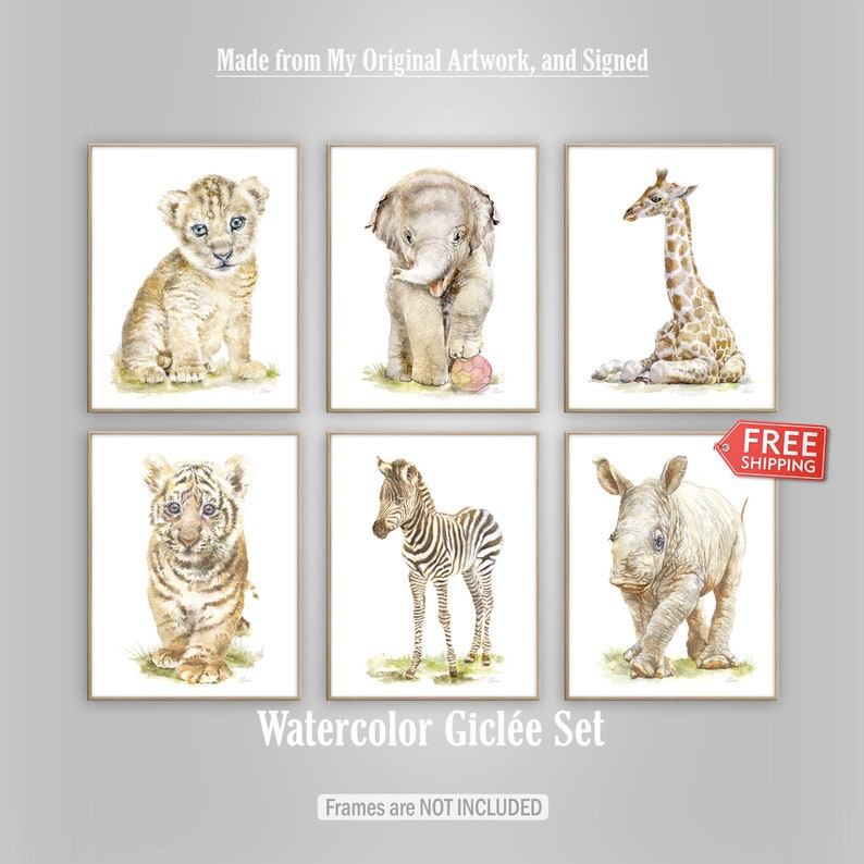 Nursery animal artwork, 6 giclee fine art prints of my original hand-drawn watercolor paintings. As safari posters, and jungle pictures for baby nursery decor. Signed by the artist on the front. Available in different sizes. Free shipping.