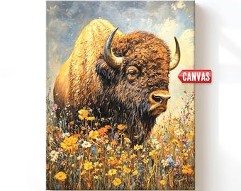 Bison Art PRINT - Buffalo Oil Painting, Gift For Hunter Farmhouse Wall Decor, Yellowstone Large Canvas Artwork Modern Western Hunting Poster