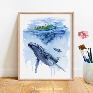 Watercolor painting, Whale print, Nursery wall decor Humpback whale painting Teen girl room decor Navy Blue Whale art Downloadable prints