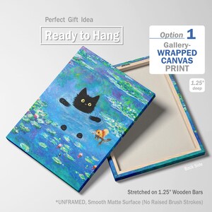 Regalos de gato negro, impresión de Claude Monet, arte de pared divertido y lindo, póster de nenúfares, gatito, pintura al óleo, lienzo, dibujo de mascota, amante, decoración de pared para dormitorio WRAPPED Canvas Print