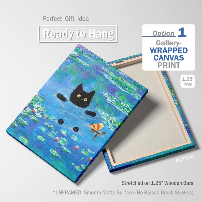 Regalos de gato negro, impresión de Claude Monet, arte de pared divertido y lindo, póster de nenúfares, gatito, pintura al óleo, lienzo, dibujo de mascota, amante, decoración de pared para dormitorio WRAPPED Canvas Print