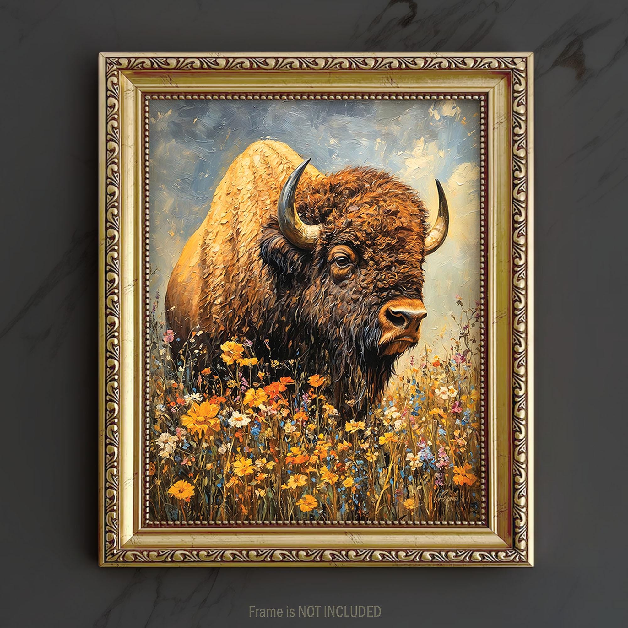 Bison Art PRINT - Buffalo Oil Painting, Gift For Hunter Farmhouse Wall Decor, Yellowstone Large Canvas Artwork Modern Western Hunting Poster