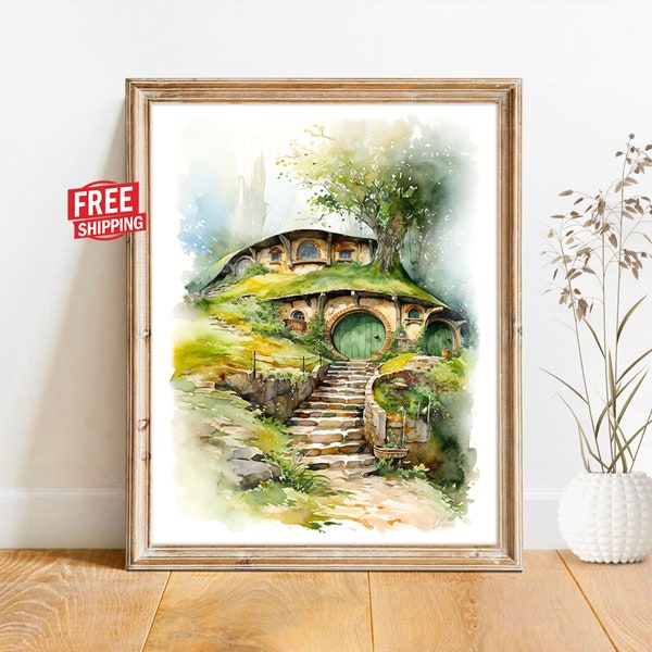 The Hobbit Art Hole Print Lord Of The Rings LOTR Poster Hobbitcore Decor WATERCOLOR Bag End Painting Door Image The Shire Tolkien Gift