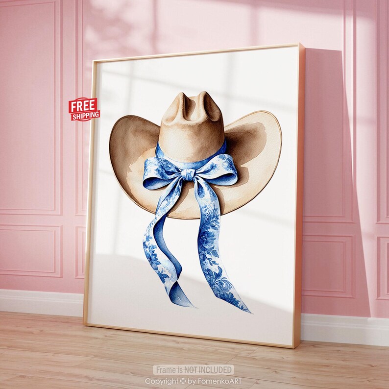 Cowboy hat & blue bow print - Coastal cowgirl wall art, Chinoiserie ribbon western watercolor painting, Howdy preppy decor Trendy girly poster on canvas or paper or as printable digital download