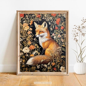 Fox Wall Art Print William Morris Inspired Canvas Oil Painting, Vintage Style Floral Gift Large Mid Century Cottagecore Dark Academia Decor imagem 13