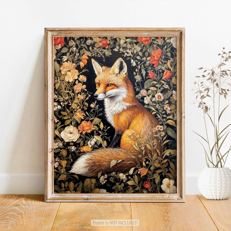 Fox Wall Art Print William Morris Inspired Canvas Oil Painting, Vintage Style Floral Gift Large Mid Century Cottagecore Dark Academia Decor imagem 13