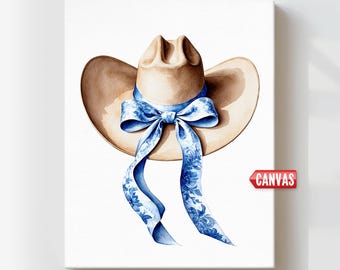 Cowboy Hat & Blue Bow Print, Coastal Cowgirl Wall Art, Chinoiserie Ribbon Western Watercolor Painting Howdy Preppy Decor Trendy Girly Poster