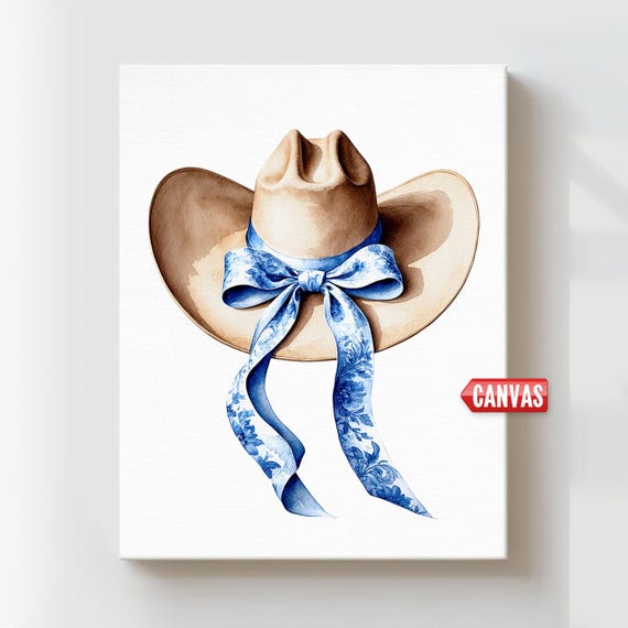 Cowboy Hat & Blue Bow Print, Coastal Cowgirl Wall Art, Chinoiserie Ribbon Western Watercolor Painting Howdy Preppy Decor Trendy Girly Poster