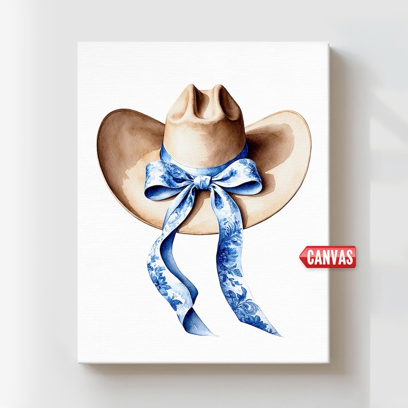 Cowboy hat & blue bow print - Coastal cowgirl wall art, Chinoiserie ribbon western watercolor painting, Howdy preppy decor Trendy girly poster on canvas or paper or as printable digital download
