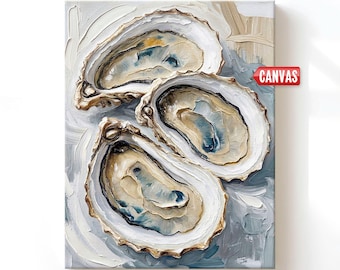 Nautical Oyster Shell Wall Art Print - Coastal Beach House Decor, Oil Painting, Sea Shells On Canvas Or Paper, Hand Painted Ocean Artwork