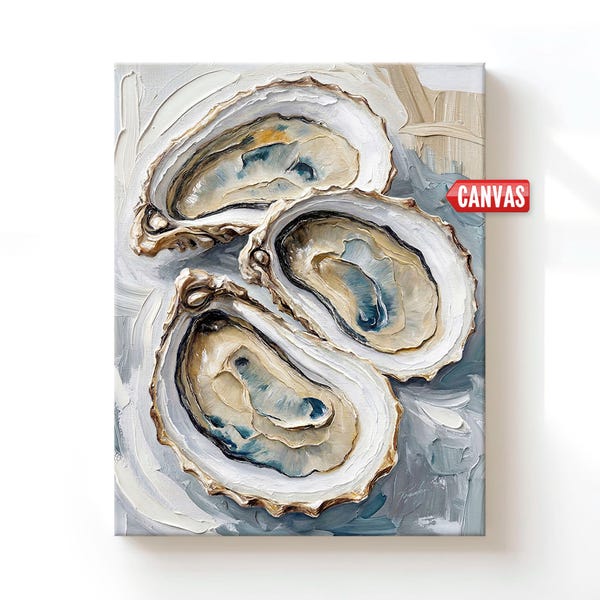 Lámina decorativa de conchas de ostras marinas - Decoración para casa de playa, pintura al óleo, conchas marinas sobre lienzo o papel, obra de arte oceánica pintada a mano