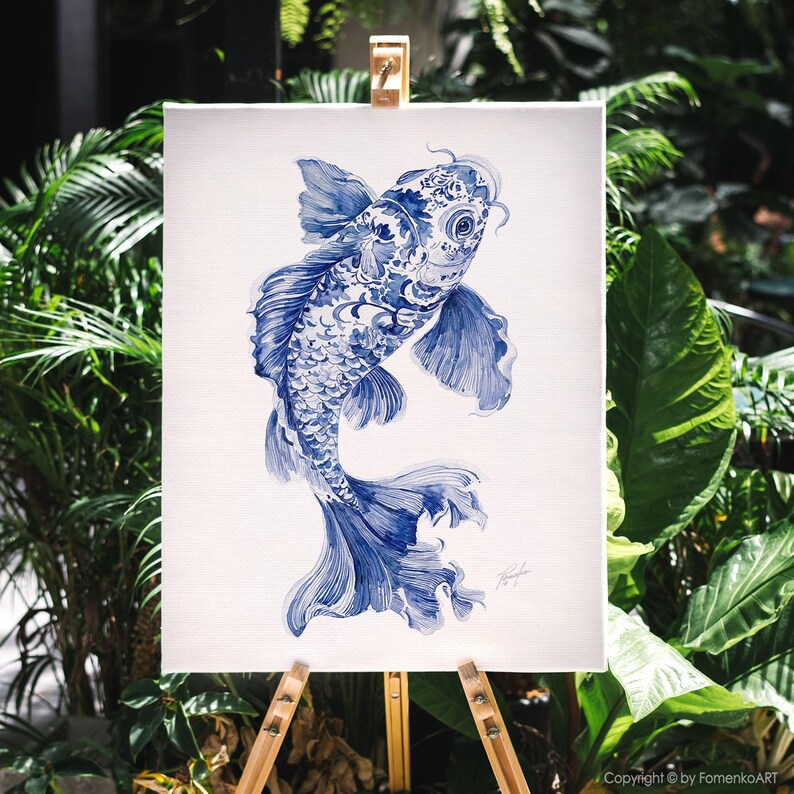 Chinoiserie Koi Fish Wall Art Print: Coastal Watercolor Painting Blue Nautical Decor Mother Gift image 11