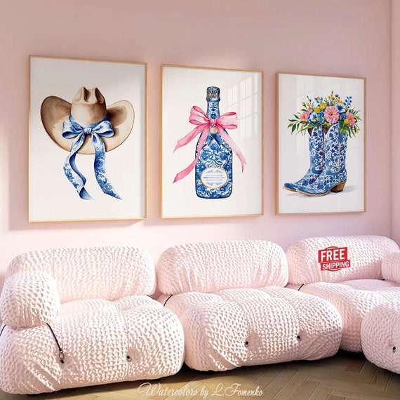 Blue Cowboy Boots & Hat - Coastal Cowgirl Wall Art Prints, Chinoiserie Posters Champagne Ribbon Bow, Western Girly Large Trendy Preppy Decor