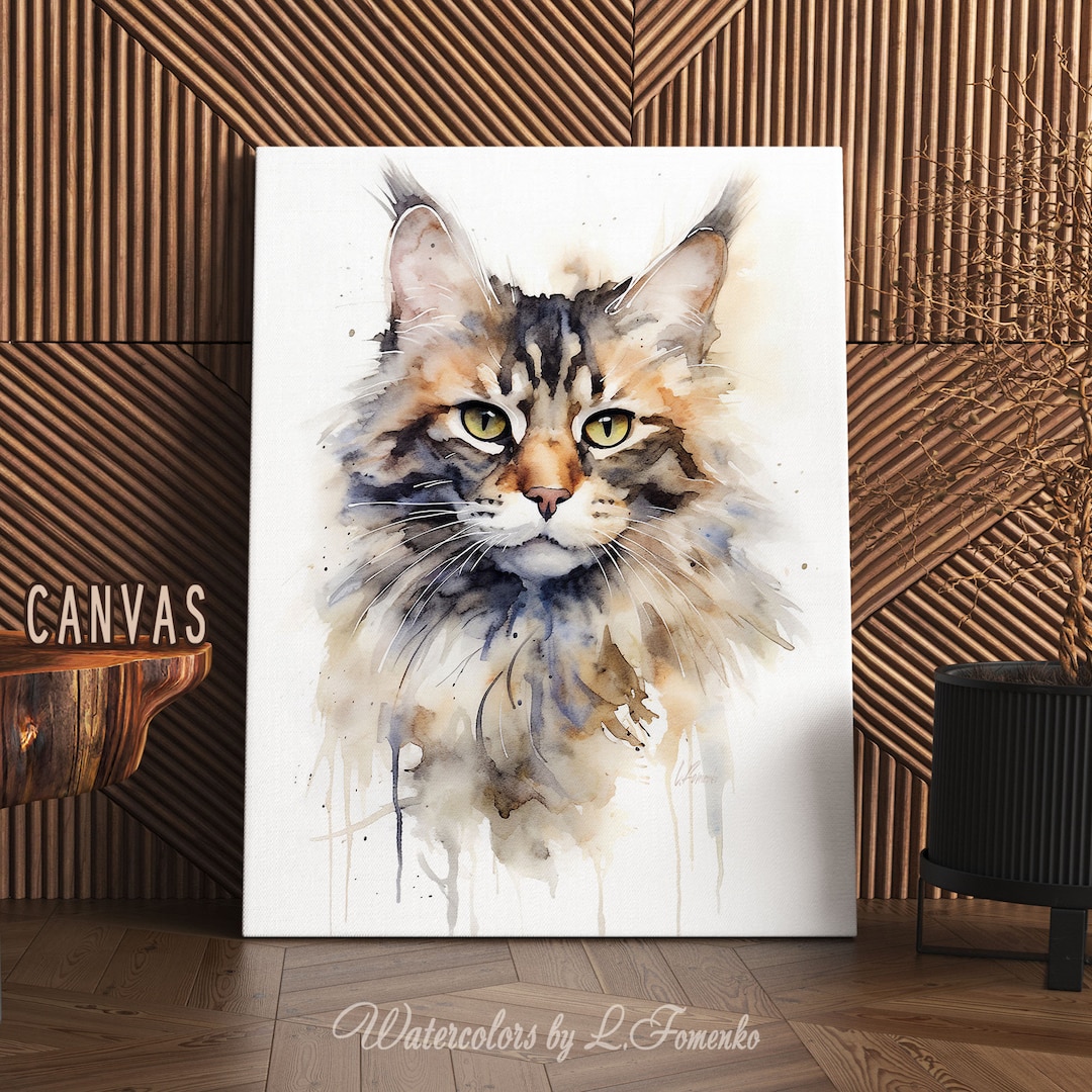 Maine Coon Cat Print Wall Art Watercolor Painting Canvas Poster Cat ...