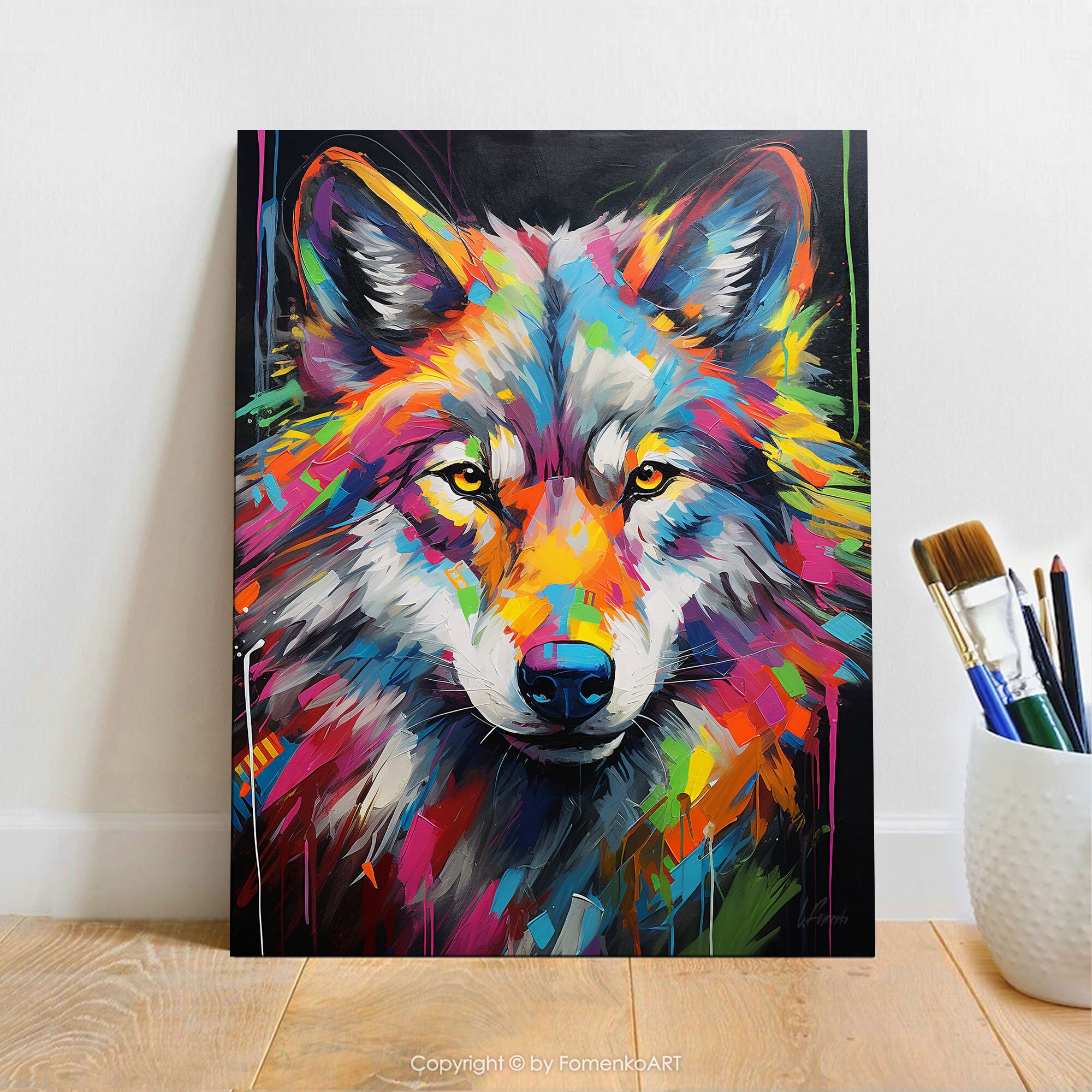 Wolf Art Print Oil Painting on Canvas Colorful Wall Art Animal