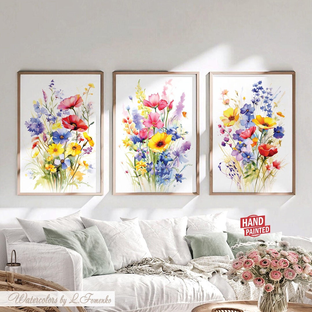 Wildflower Painting Watercolor Flower Prints Colorful Wall Art Set of 3 ...
