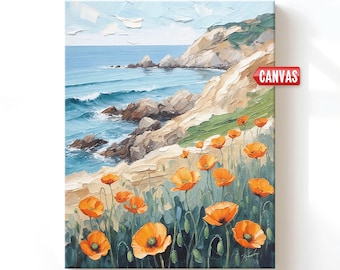 Coastal California Poppies Wall Art Print Ocean Landscape Painting Beach House Decor Summer Nautical Poster Seascape Oil Canvas Gift Artwork