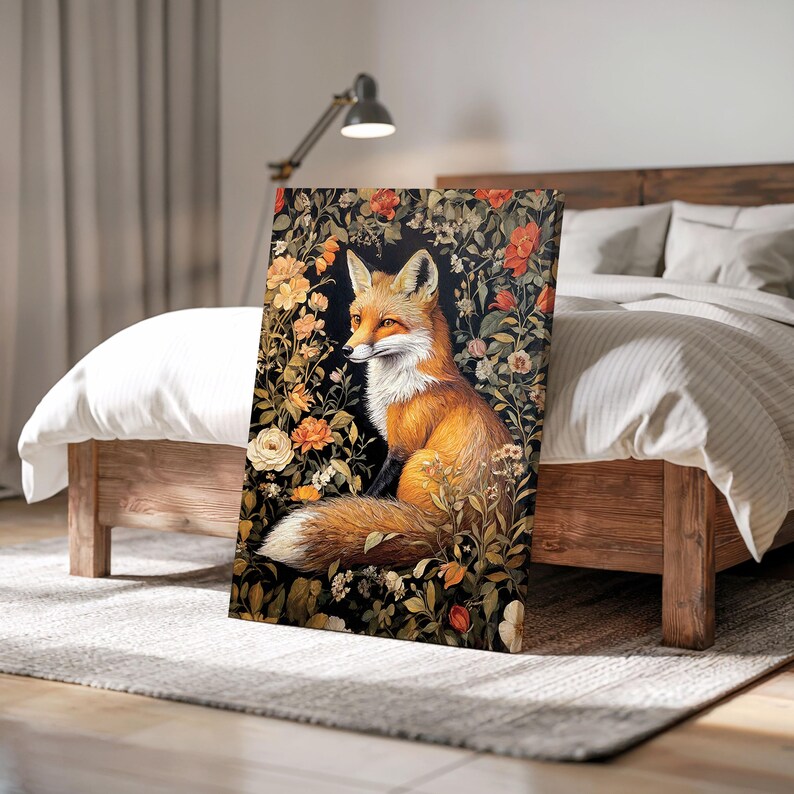 Fox Wall Art Print William Morris Inspired Canvas Oil Painting, Vintage Style Floral Gift Large Mid Century Cottagecore Dark Academia Decor imagem 5