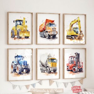 Set of 6 Construction Vehicle Prints for Boy Nursery Decor, Kids Room Decor Truck Wall Art Printable poster Watercolor Cars DIGITAL DOWNLOAD